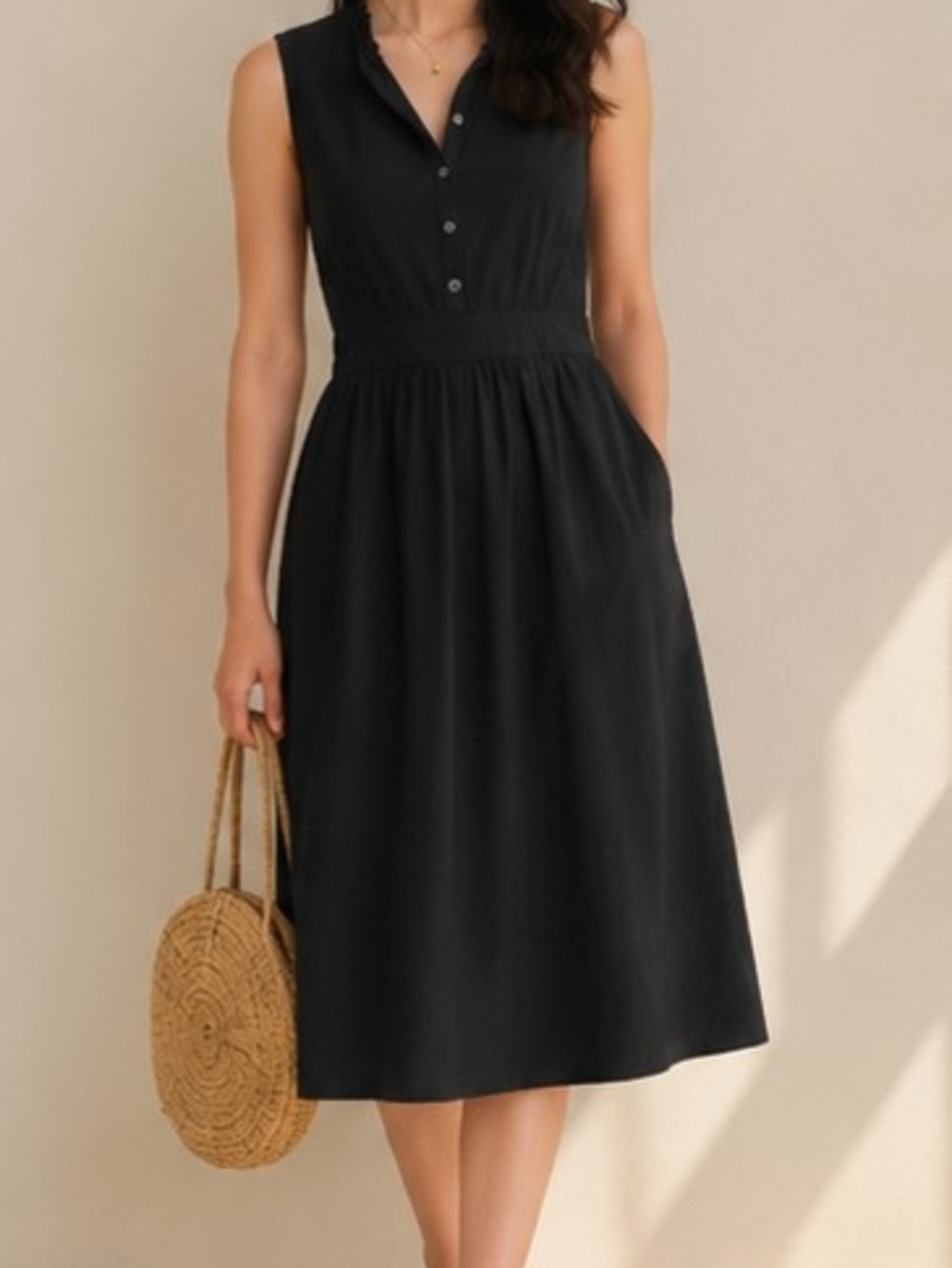 Rebecca Taylor Black Sleeveless Ruffled Collar Midi Dress